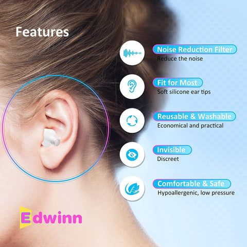Close-up of an ear wearing Edwinn's Three Pack Invisible Ear Plugs For Noise Reduction And High Fidelity Hearing Protection For Concerts Raves Motorcycles And Work Comfortable Discreet Design That Fits Your Ears Better And Keeps Noise Down All Day.