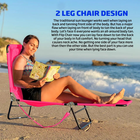 Woman relaxing on pink 2 leg chaise lounge chair with polyester comfort, reclining back, at the beach.
