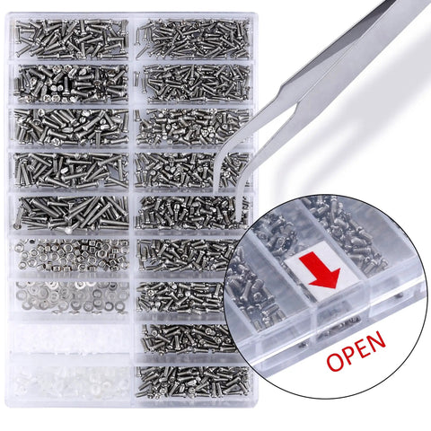 Complete Eyeglass Repair Kit Featuring 1500 Micro Screws And Nose Pads For Glasses Sunglasses And Prescription Frames with organized screws.