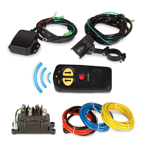 Wireless Winch Remote Kit For 5000 Lb Or Less ATV UTV Winches Control From Up To 50 Feet Auto Off Power Saving Includes Mini Rocker Handlebar Switch Full Wiring Kit With Contactor Easy Installation Guide displayed