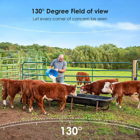 Man feeding cows in a field with 130° view, showcasing Solar Outdoor Security Camera Wireless Wire Free 1080p With Night Vision.