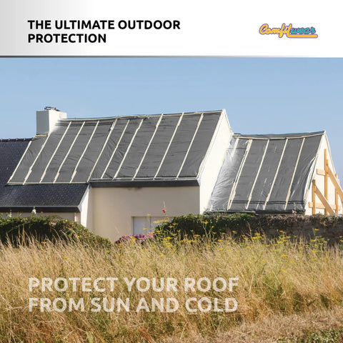 Heavy Duty 12 By 25 Foot Silver And Black Waterproof UV Blocking 10 Mil Poly Tarp on roof for sun protection outdoors