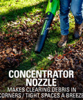 Person using 40V Cordless Brushless Axial Leaf Blower Beasts Debris With 130 MPH Airspeed And 550 CFM Quiet Torque Boost Tool Only Compatible With Over 75 Tools, clearing leaves with concentrator nozzle on grass.