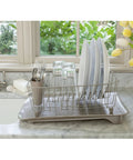 Disinfectant Dish Drainer Small White For Kitchen Countertop Compact Dish Drying Rack Keeps Counters Tidy And Germ Free Portable White Drying Stand with plates and cutlery