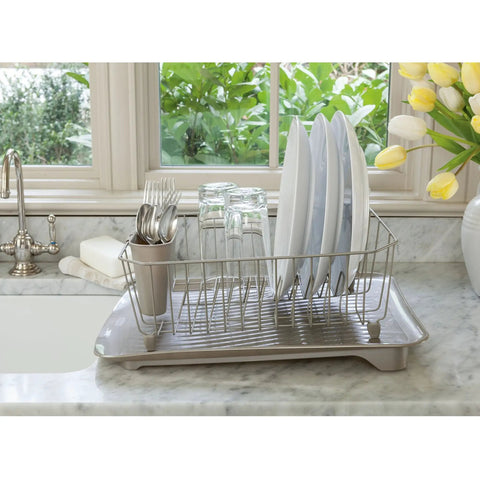 Disinfectant Dish Drainer Small White For Kitchen Countertop Compact Dish Drying Rack Keeps Counters Tidy And Germ Free Portable White Drying Stand with plates and cutlery