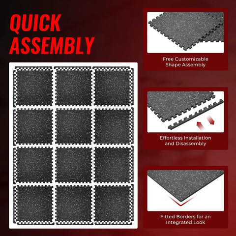 Diagram showing 0.79 Inch Extra Thick Exercise Mats, 12 Pack Interlocking Gym Flooring Tiles With Rubber Top, assembly steps.