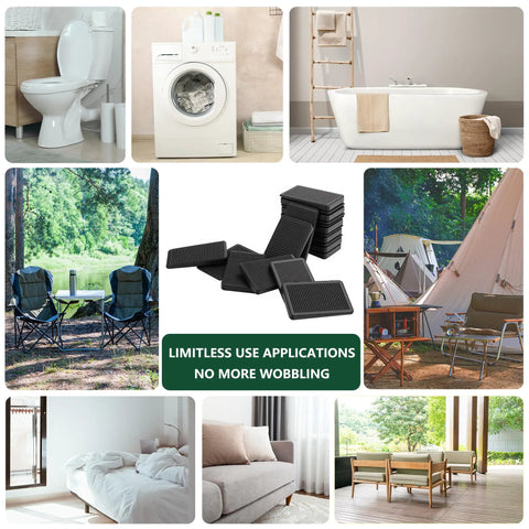 Adjustable Furniture Levelers With Flexible Plastic Wedge Shims That Straight Up Stabilize Wobbly Tables Chairs Bed Frames And Pipes In A Rock Solid Wobble Free 20 Pack Bundle displayed with various furniture types and settings.