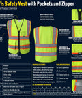 Solid Hi Vis Safety Vest For Men And Women With Reliable Zipper Front And Roomy Cargo Pockets Bright Yellow Mesh Cloth Meets Ansi Class 2 Certification detailed overview with pockets and features.