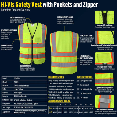 Solid Hi Vis Safety Vest For Men And Women With Reliable Zipper Front And Roomy Cargo Pockets Bright Yellow Mesh Cloth Meets Ansi Class 2 Certification detailed overview with pockets and features.
