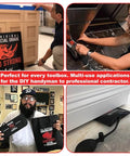 Heavy Duty Commercial Grade Air Wedge Bag 2.0 Pump Leveling Kit and Alignment Tool Shim Bag 2 Pack Medium Size for Non Marking Air Lift Use in Windows Doors Cabinets Appliances HVAC and Plumbing Includes 2 Pry Tools and Tote Bags shown in various uses and hands holding the product and kit bag.