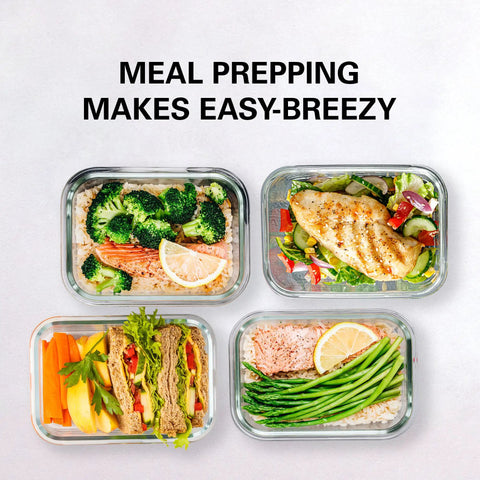 16 Piece Glass Meal Prep Set With 8 Containers Each 30 Oz, glass containers filled with meals and vegetables, top view