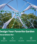 Top view of Birdcage Garden Arch Arbor 9 Ft High By 6.8 Ft Wide White Metal Gazebo with decorative fabric and greenery