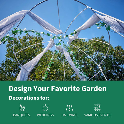 Top view of Birdcage Garden Arch Arbor 9 Ft High By 6.8 Ft Wide White Metal Gazebo with decorative fabric and greenery