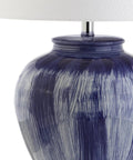 Seaside Blue Ceramic LED Table Lamp With Coastal Glam Reactive Glaze Crystal Base White Linen Drum Shade 26 Inch Tall Energy Saving LED Included