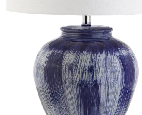 Seaside Blue Ceramic LED Table Lamp With Coastal Glam Reactive Glaze Crystal Base White Linen Drum Shade 26 Inch Tall Energy Saving LED Included