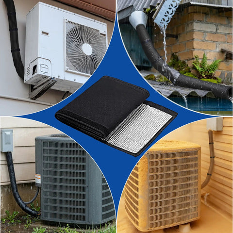 Collage showing Five Layer Workhorse HVAC Copper Line Pipe Insulation Cover For Outdoor Use with various AC units