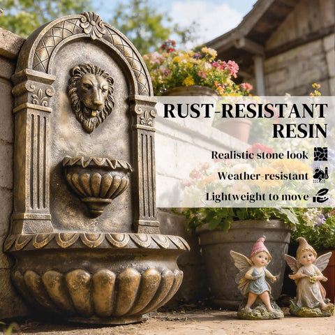Wall Mounted Outdoor Fountain With 3 Tier Cascade, Adjustable Flow And LED Lights, Bronze Resin Garden Fountain for patio.