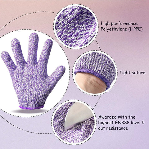 Kids Cut Resistant Gloves Level 5 Four Pairs Pack In Bright Colors For Kitchen Prep Garden Work Oyster Shucking Craft Projects And DIY Safety Flexible Grip Small Size For Young Cooks And Makers Kid Tested. Close-up of purple glove showing texture, tight suture, and EN388 level 5 features.