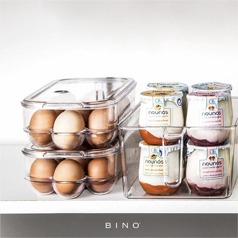Clear Fridge Egg Container, 21 Egg Capacity, No Fuss Sturdy Plastic Egg Tray With Lid, Freshness Preserver next to yogurt jars
