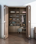 Room with open bifold closet doors featuring 72 Inch Bifold Door Hardware Kit For 4 Doors With 18 Inch Panels Top Mounted Folding Sliding Barn Door Hardware Featuring 3 Wheel Hangers And Ball Bearing Rollers Supports Up To 300 Lbs Total Ideal For Bedroom Bathroom Closet Living Room, showing organized shelves inside.