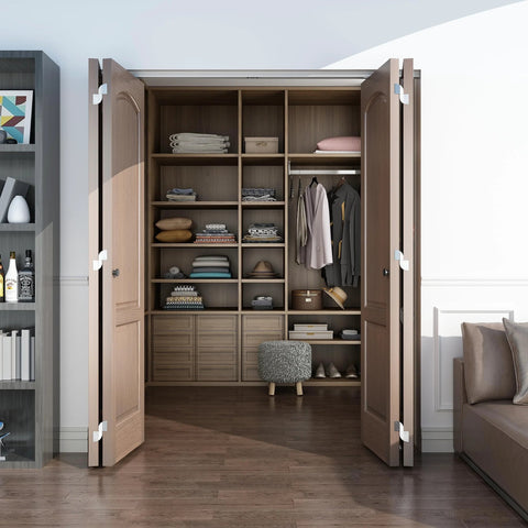 Room with open bifold closet doors featuring 72 Inch Bifold Door Hardware Kit For 4 Doors With 18 Inch Panels Top Mounted Folding Sliding Barn Door Hardware Featuring 3 Wheel Hangers And Ball Bearing Rollers Supports Up To 300 Lbs Total Ideal For Bedroom Bathroom Closet Living Room, showing organized shelves inside.