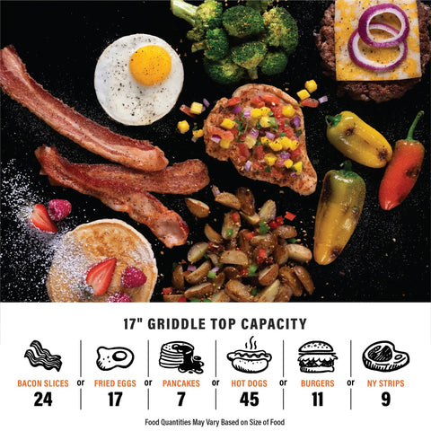 Portable 17 Inch Tabletop Griddle With Stainless Front Plate And Powder Coated Steel, food arranged on griddle top.
