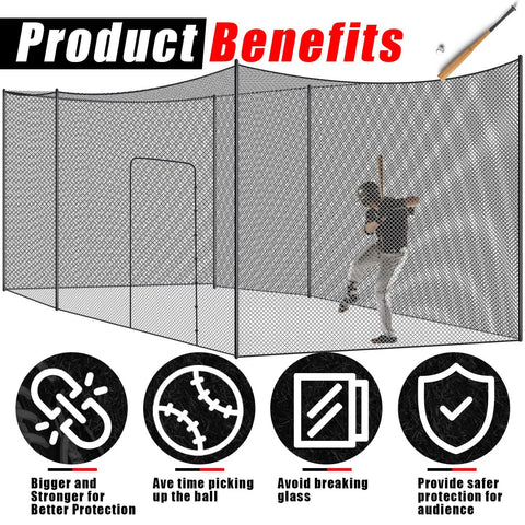 Heavy Duty Batting Cage Net For Backyard Practice Net Only, showing benefits with a person playing, and size 20x10x10 Ft.