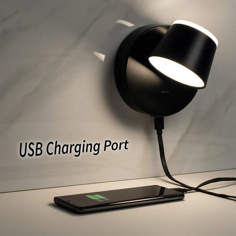 LED Wall Sconce With On/Off Switch And USB Port, 110V Hardwired Wall Lamp, black finish illuminating and charging phone