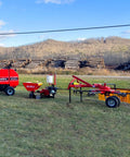 All In One Hay Baler Wrapper And Rake Tedder Combo HB3120 HW20 HT100 For Farm Use machinery setup in field.