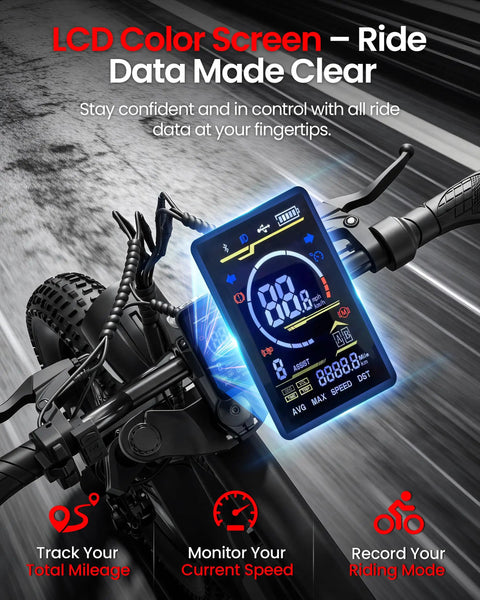 LCD display on 16 Inch Fat Tire Electric Bike For Adults And Teens With Peak 1500W Power, 65 Mile Range, 48V 15.6Ah Battery