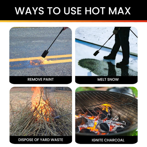 Powerful 500,000 BTU Propane Torch With Easy Grip Molded Handle Fully Assembled For Home Farm Industrial And Construction Projects Clean Burn And Pro Grade Performance shown in various uses like removing paint, melting snow, burning yard waste, and igniting charcoal.