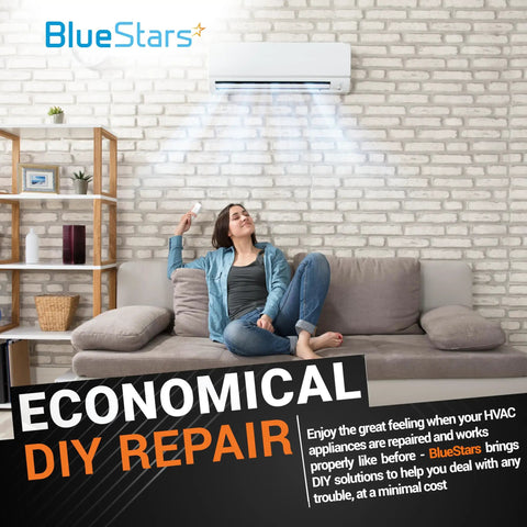 Woman relaxing on sofa under air conditioner with economical DIY repair sign, BlueStars branding visible.