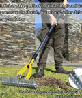 Person using Thatch Rake 15 Inch Wide Dethatcher For Cleaning Dead Grass Leaves And Debris Loosens Soil With Steel Tines