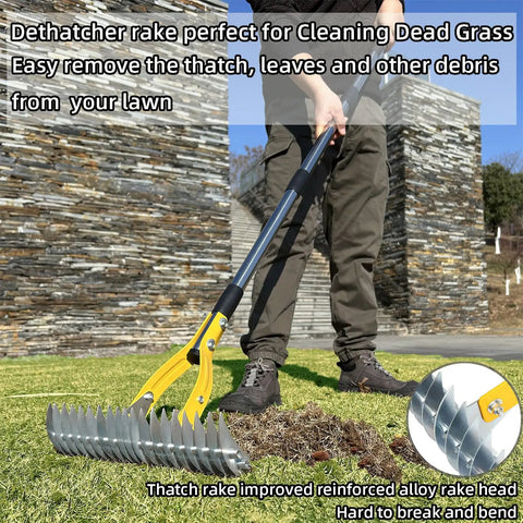 Person using Thatch Rake 15 Inch Wide Dethatcher For Cleaning Dead Grass Leaves And Debris Loosens Soil With Steel Tines