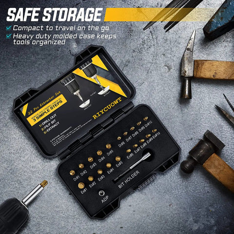 Open case of 22 Piece Titanium Screw Extractor Set For Stripped Screws And Bolts Reverses Damaged Threads With Any Drill removable bits.