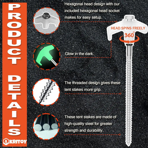 Heavy Duty 12 Pack Tent Stakes 8 Inch Ground Anchors Screw In With Glow In The Dark Heads, Metal Threaded Spikes, Hex Head Driver