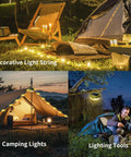 Solar Camping String Lights 33ft 100 LED With 9 Modes USB C Rechargeable in outdoor tent and camping setup