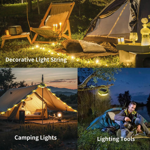 Solar Camping String Lights 33ft 100 LED With 9 Modes USB C Rechargeable in outdoor tent and camping setup