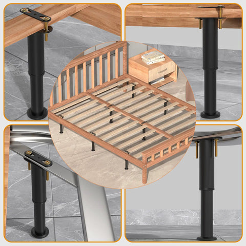 Set Of Four Heavy Duty Metal Bed Support Legs With Adjustable Height From 7 To 13 Inches supporting a wooden bed frame.