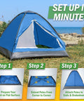 Two Person Camping Tent With Rain Fly And Carry Bag Ultralight Pop Up Shelter for Camping Essentials Music Festivals Beach Trips Backpacking And Hiking shown set up on grass with blue and gray colors.