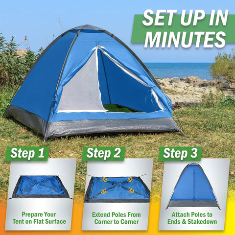 Two Person Camping Tent With Rain Fly And Carry Bag Ultralight Pop Up Shelter for Camping Essentials Music Festivals Beach Trips Backpacking And Hiking shown set up on grass with blue and gray colors.