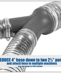 4 Inch To 2.5 Inch Dual Port Y Splitter Dust Collection Fitting with metal hoses connected in a shop setting.
