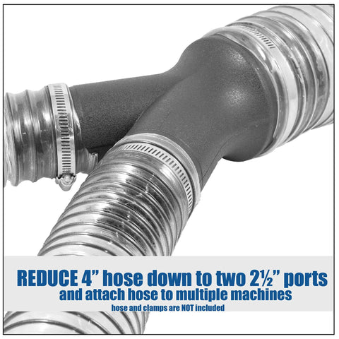 4 Inch To 2.5 Inch Dual Port Y Splitter Dust Collection Fitting with metal hoses connected in a shop setting.