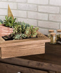 Interior Aged Wood Accelerator for Bare Wood applied on decorative planter, enhancing rustic weathered appearance; low odor, quick dry.