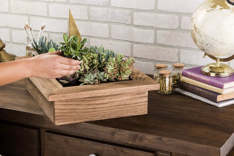 Interior Aged Wood Accelerator for Bare Wood applied on decorative planter, enhancing rustic weathered appearance; low odor, quick dry.