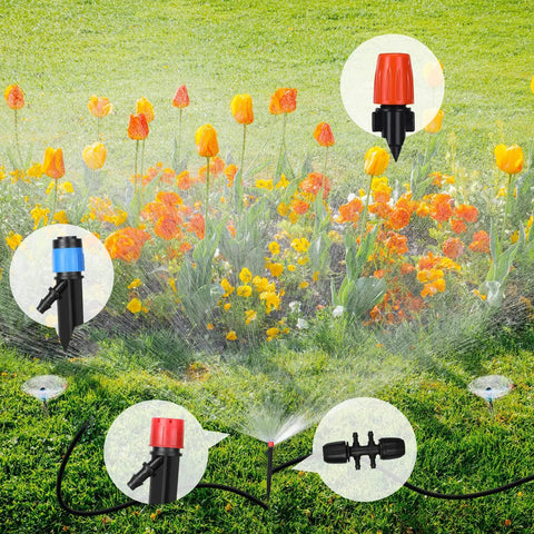 394 Ft Drip Irrigation Kit For Garden And Lawn With 1/2 Inch Hose And 1/4 Inch Distribution Tubing in flower bed setup.