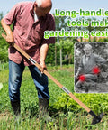 Person using Long Bamboo Handle Weed Puller Tool 2 In 1 Garden Hoe And Weed Remover with Rake and Grabber in yard