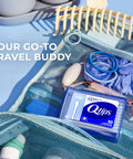 Travel Cotton Swabs 30 Count Blue Purse Pack Cotton Tips visible in open travel bag with assorted personal items