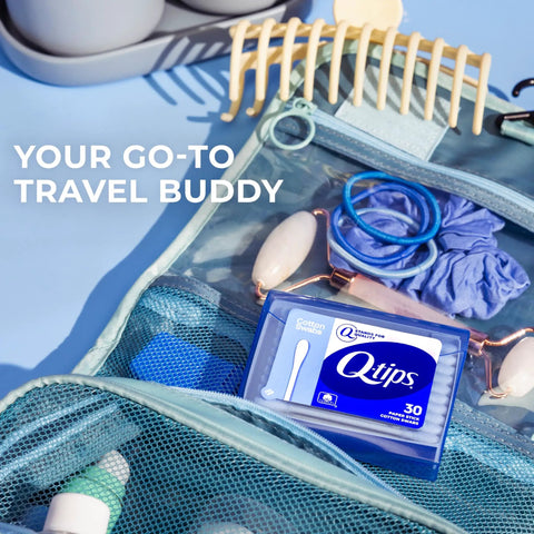 Travel Cotton Swabs 30 Count Blue Purse Pack Cotton Tips visible in open travel bag with assorted personal items