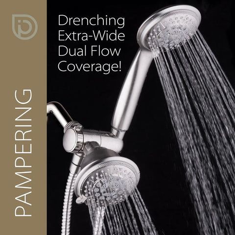 High Pressure 24 Function Handheld Showerhead And Rain Shower Combo With Four Inch Chrome Face Dual 2 In 1 Shower Head spraying water